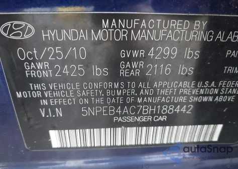 2011 Hyundai Sonata Gls from USA, damaged, VIN 5NPEB4AC7BH188442
